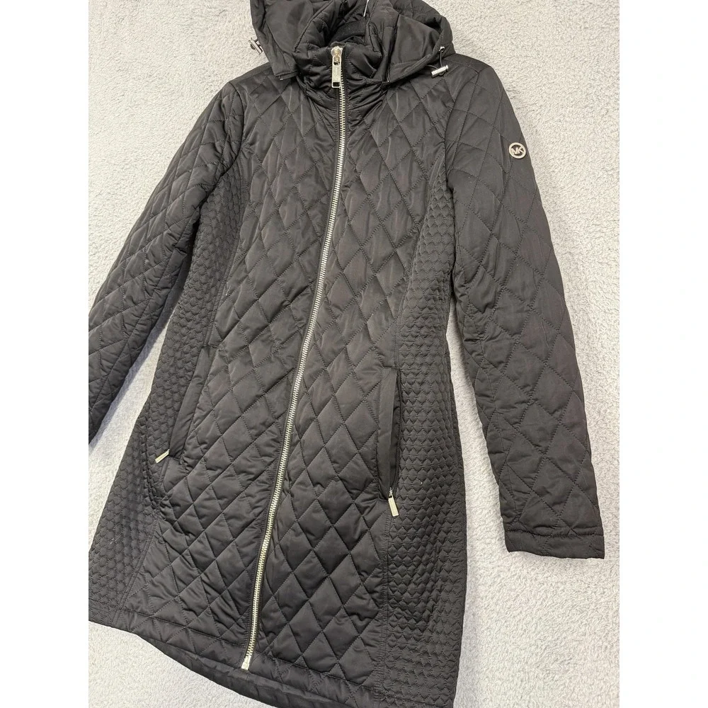 Michael Michael Kors Coat Womens Small Black Quilted‎ Hooded Puffer Long Zip
